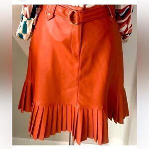 Ryegrass Orange Faux Leather Pleat Hem A Line Bekted Flirty Autumn Skirt